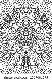 Black Outline Intricate Mandala Pattern. Yoga, meditation poster. Coloring book page.