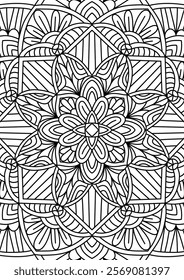 Black Outline Intricate Mandala Pattern. Yoga, meditation poster. Coloring book page.