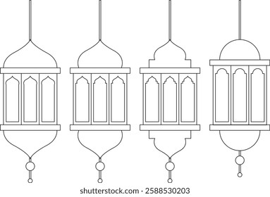 Black Outline Islamic Lantern Element Set for Ramadan Arabic Hanging Oil Lamp Lights