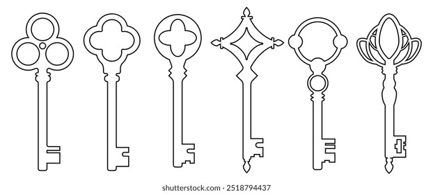 Black Outline Isolate Antique key silhouettes vector design, Classic modern keys clip art, vintage , Gothic and Retro style graphic elements for Decoration, Classic illustration, Stock (Editable)