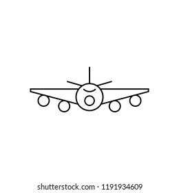 Black outline isolated airplane on white background. Line front view of aeroplane.