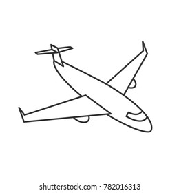 Black outline isolated airplane on white background. Line side view of aeroplane.