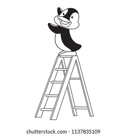 black outline isolated happy cute penguin on ladder vector illustration