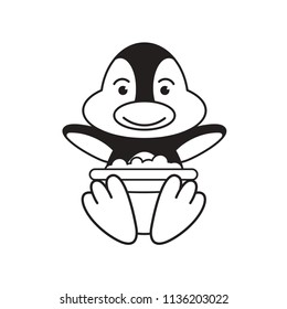 black outline isolated smiled cute penguin with food plate vector illustration