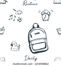 Black outline kids daily routine cartoon seamless pattern. Alarm, bed, bath rubber duck, open exercise book, musical sport art, backpack, meal, daily routine sign.