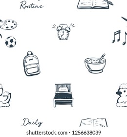 Black outline kids daily routine cartoon seamless pattern. Alarm, bed, bath rubber duck, open exercise book, musical sport art, backpack, meal, daily routine sign.