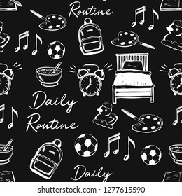 Black outline kids daily routine cartoon seamless pattern. Alarm, bed, bath rubber duck, open exercise book, musical sport art, backpack, meal, daily routine sign.