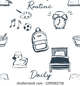 Black outline kids daily routine cartoon seamless pattern. Alarm, bed, bath rubber duck, open exercise book, musical sport art, backpack, meal, daily routine sign.