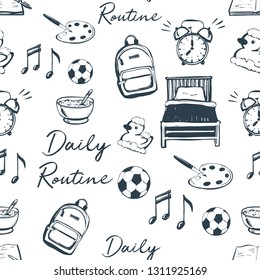 Black outline kids daily routine cartoon seamless pattern. Alarm, bed, bath rubber duck, open exercise book, musical sport art, backpack, meal, daily routine sign.