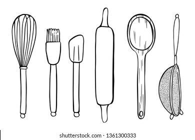 black outline kitchen objects for cooking isolated on white background