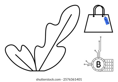 A black outline of a leaf symbolizes nature. Next, a shopping bag with a price tag signifies online shopping. The Bitcoin symbol points to cryptocurrency. Ideal for sustainability, e-commerce