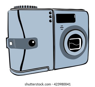 Black outline  of a light blue  camera on a white background. Vector illustration. Isolated object.