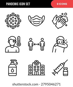 Black Outline Line Art Set of Nine Pandemic Awareness and Safety Icons