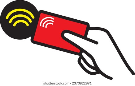 Black outline linear icon about NFC pay hand, vector illustration isolated on white background. Human hand holding plastic bank card with special chip, cashless payment