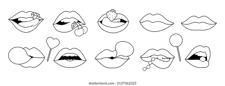 Black Outline Lips For Coloring. Lip Sexy Girls With Diamond, Lollipops, Strawberry And Bubblegum. Speech Bubble With Female Mouth, Vector Isolated Stickers