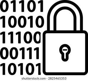 Black outline lock symbol. Binary numbers representing encrypted data. Network safety and information protection.