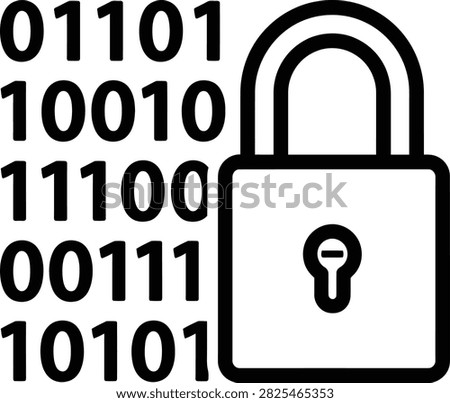 Black outline lock symbol. Binary numbers representing encrypted data. Network safety and information protection.