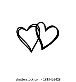 Black outline love sign doodle style, linear minimal design of two hearts isolated on white background. Vector illustration