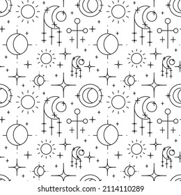 Black outline magic elements seamless pattern with moon, sun, cross and stars