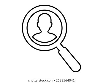 black Outline magnifying glass with user silhouette inside, isolated on white background, vector illustration. Concept of profile search, human resources, user identity, minimal design element.