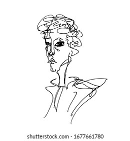 Black outline man portrait. One line. Vector hand drawn illustration isolated on white. For print, decor, card, design.