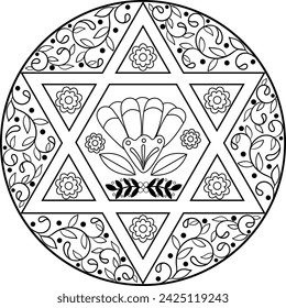 Schwarzes Umriss-Mandala mit Hexagramm-Stern und Folk-Elementen. 