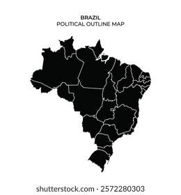 Black outline map of Brazil displaying the political divisions of the country. Each region is outlined, facilitating an understanding of geographic areas and state boundaries.