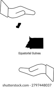 A black outline map of Equatorial Guinea is presented between two open hands, symbolizing care or presentation.