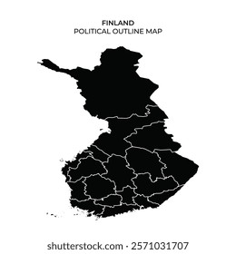 A black outline map of Finland highlighting its political boundaries. The map clearly displays various regions and districts within the country, emphasizing its geographical structure.