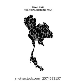 A black outline map illustrates the political divisions of Thailand, highlighting provinces and regions. The detailed depiction emphasizes the geographical boundaries clearly.