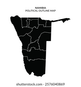 A black outline map of Namibia displays the political boundaries within the country. Various regions and divisions are marked, providing a clear representation of Namibias geography.