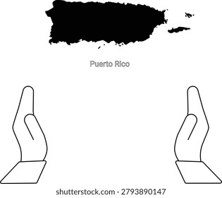 A black outline map of Puerto Rico is shown above two open hands, symbolizing protection or support.