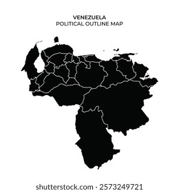 Black outline map showcasing the political divisions of Venezuela. The map identifies various states and regions within the country, emphasizing its geographic layout.