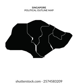 A black outline map of Singapore displaying its political boundaries. Each section represents different regions within the country, emphasizing its distinct divisions.