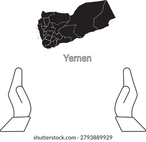 A black outline map of Yemen is displayed above two open hands, symbolizing protection or support.
