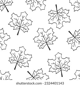 Black outline of maple leaves on a white background. Simple vector seamless pattern. For packaging prints, textiles, stationery.