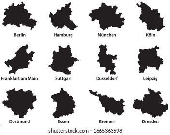 Mapas negros de las 12 ciudades más pobladas de la República Federal de Alemania