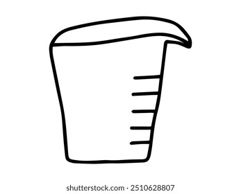 Black outline of a measuring cup illustration isolated on white background. Concept of kitchen tool, cooking measurement, minimal style, baking accessory. Design element, home, utensil.