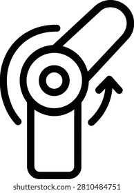 Black outline of a mechanical hinge or pivot point with an arrow showing the direction of movement. Ideal for assembly instructions or mechanical design projects.