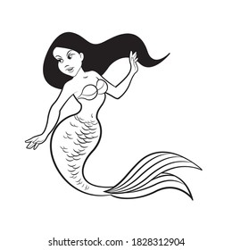 black outline mermaid cartoon isolated on white
