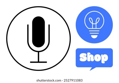 Black outline microphone inside circle next to light bulb icon above blue speech bubble featuring Shop text. Ideal for podcasts, online shopping, audio products, technology, and innovation themes