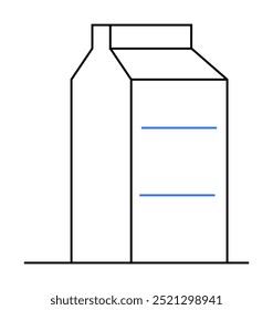 Black outline of a milk carton with two horizontal blue lines. Single line style. Ideal for packaging design, dairy industry themes, product labeling, minimalist artwork, food and beverage branding.