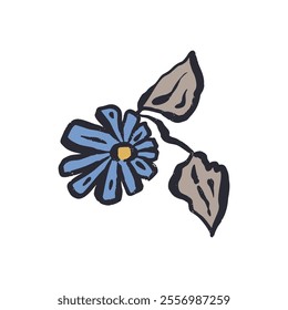 Black outline minimal abstract inky blue flower. Sketchy textured loose floral doodle. Hand drawn retro botanical abstraction