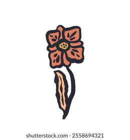 Black outline minimal abstract orange inky flower. Sketchy textured loose floral doodle. Hand drawn retro botanical abstraction