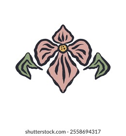 Black outline minimal abstract pink inky flower. Sketchy textured loose floral doodle. Hand drawn retro botanical abstraction