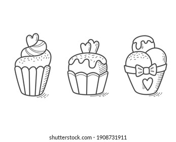 Black outline monochrome cupcake icon set in doodle style. Simple vector illustration, gray tenplate for typography and graphic design.
