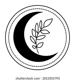 Black outline moon with leaves in modern style. Hand drawn mystical symbol isolated on white background. Vector magic illustrations.