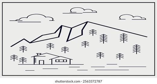 Black outline mountain landscape with a forest house, fir trees and clouds. Thin line with fir trees. Flat vector on a gray background