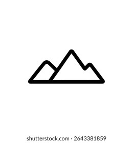Black outline of a mountain range with a large peak flanked by smaller summits. Isolated on a white backdrop, this geometric icon conveys nature and adventure.
