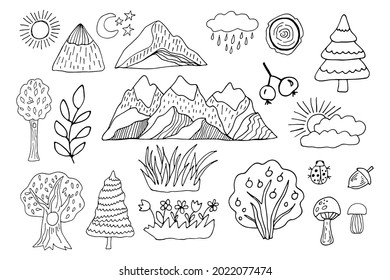 Black outline mountains, trees, grass, sun, bushes, berries and other plants from the forest on white background. Nature doodles. Hand drawing vector illustrations.